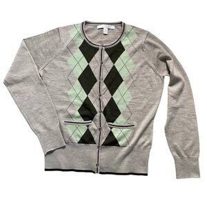 Allegory Merino Wool Cardigan Sweater Women's Medium Argyle Office Work Preppy